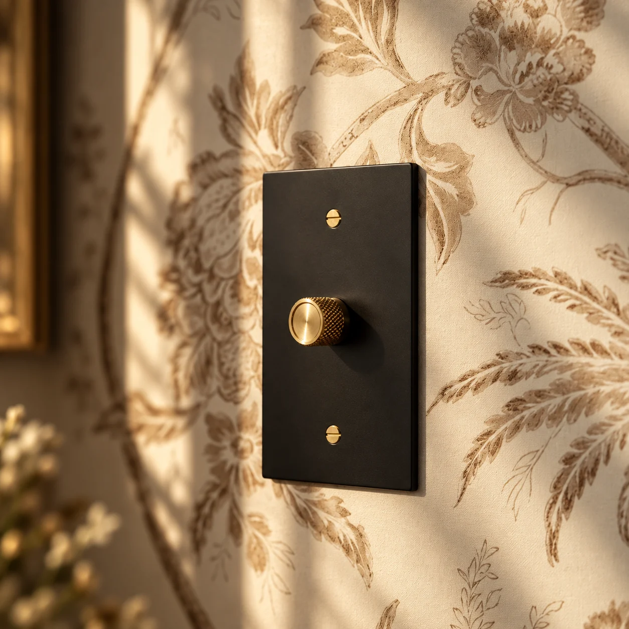 Black dimmer with brass details in a finished interior